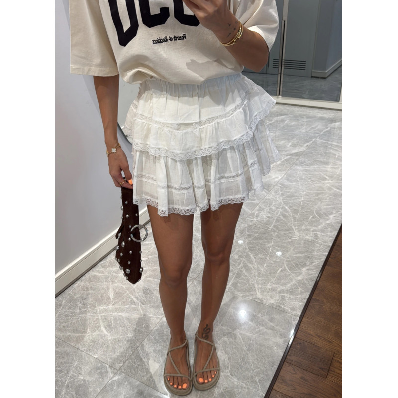 Baltas nėriniuotas mini sijonas su raukiniais – romantiškas ir dinamiškas vasaros stilius